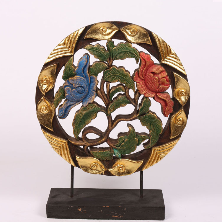 泰国工艺品 家装饰品 木刻摆件 彩色玫瑰花图案 东南亚风格