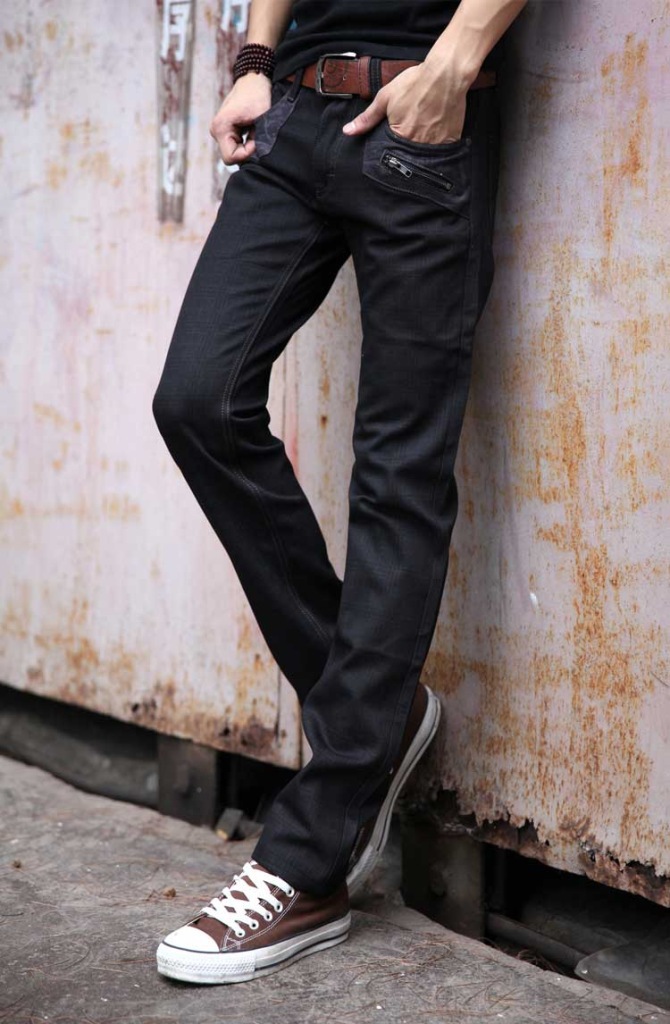 黑色 男士牛仔长裤 韩版修身全棉舒适 个性拉链口袋靓仔装 特价潮