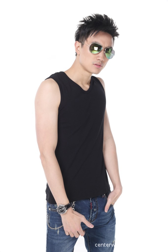 供应男式鸡心领无袖t恤 韩版潮流男士夏季纯色纯棉v领打底无袖衫