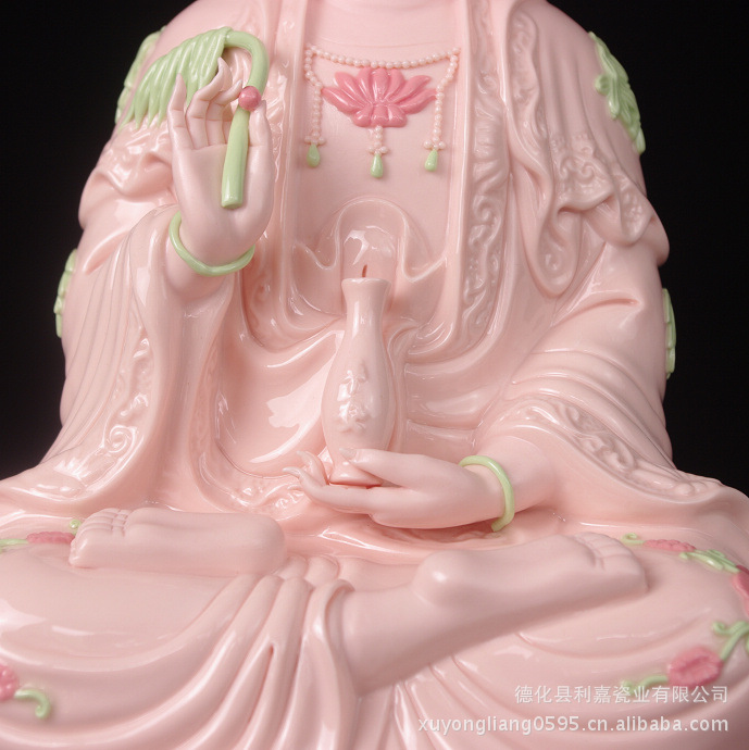 厂家批发 粉色坐莲观音 陶瓷观音佛像 德化瓷 家居供奉