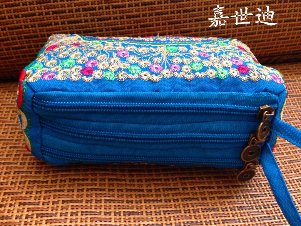 嘉世迪民族风绣花手拿零钱包 三层拉链 满