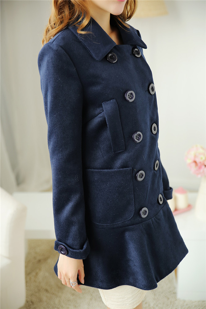 冬季新款韩版双排扣荷叶摆收腰平绒呢子大衣外套