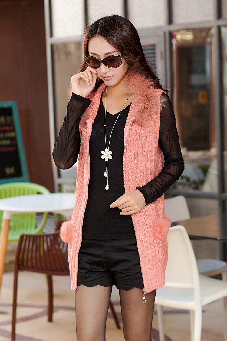 2013秋装 女装外套极简背心 仿貂毛毛领 立体褶皱蕾丝连帽背心图片_15