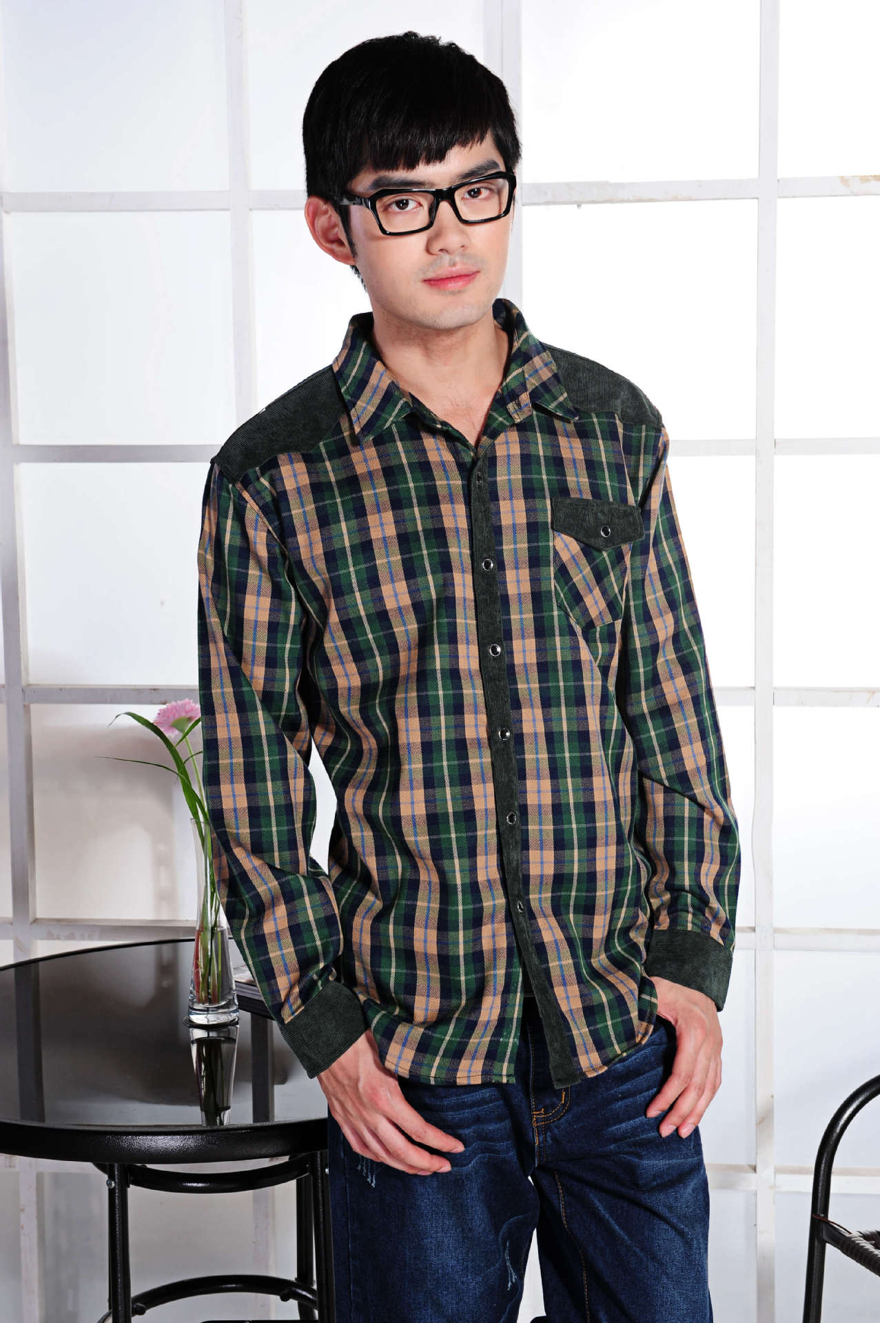 2013新款格子衬衫 男 长袖 韩版 潮男拼接休闲格子衬衣图片_8