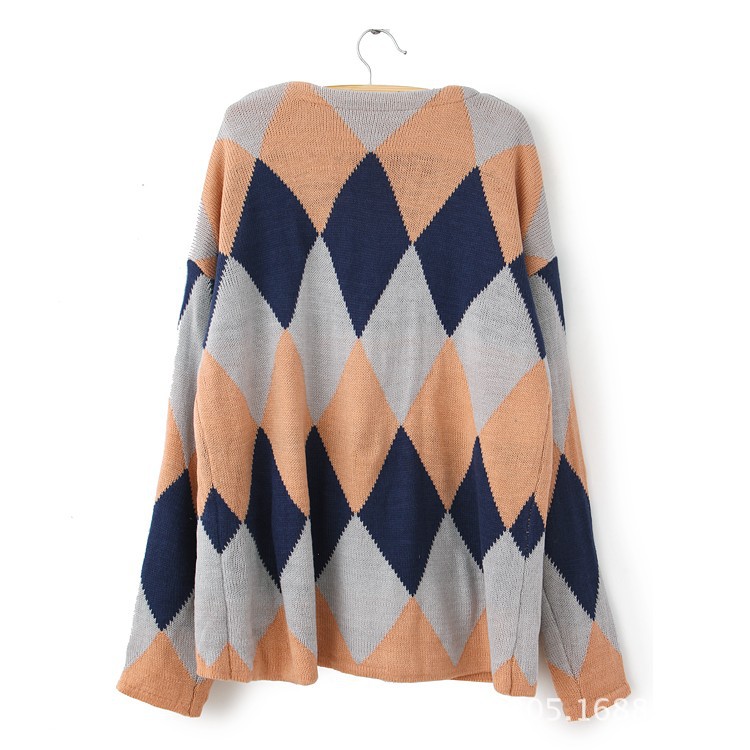 初秋新款宽松菱形色块针织衫开衫 方块拼色v领木扣毛衣外套
