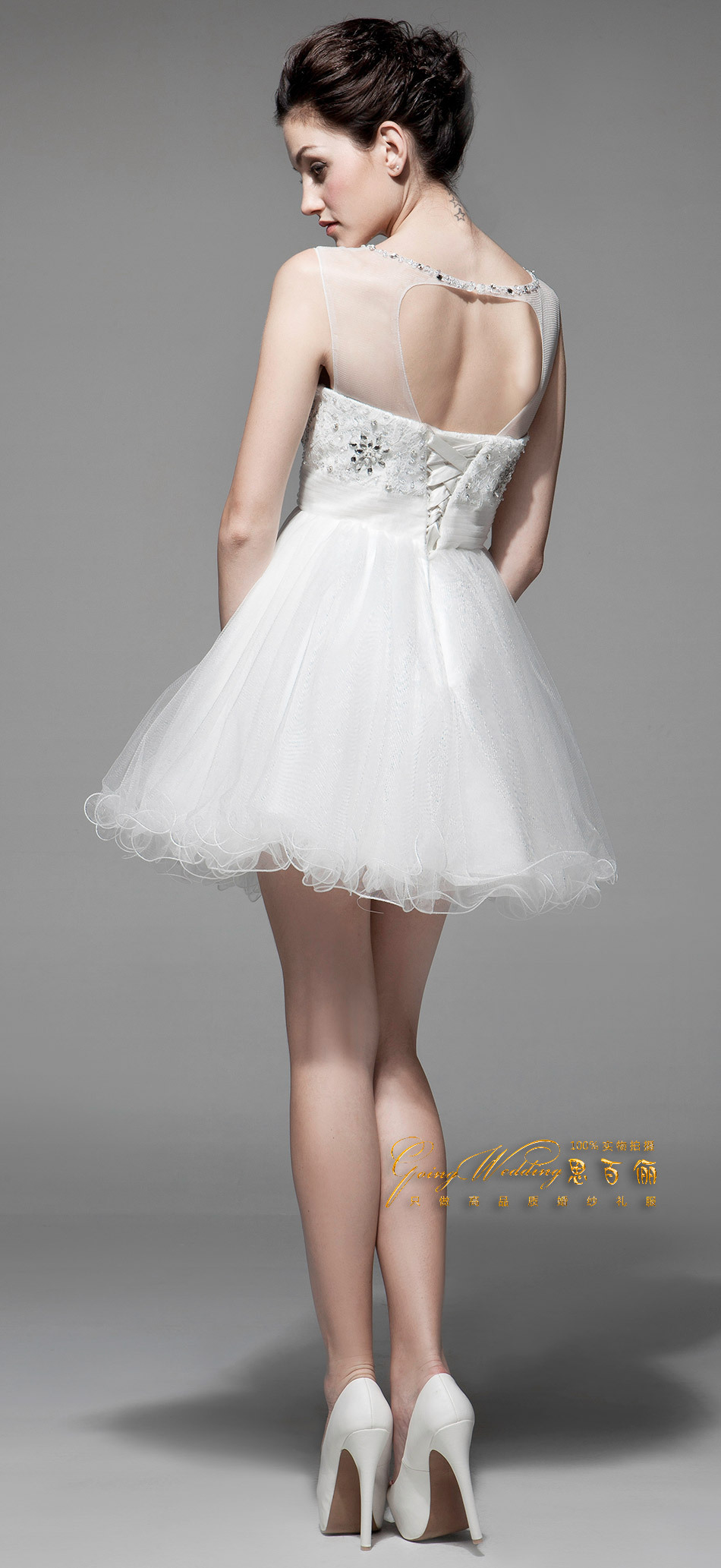 思百俪 2013新款白色伴娘服双肩 婚礼敬酒 镶钻蓬蓬裙短款小礼服