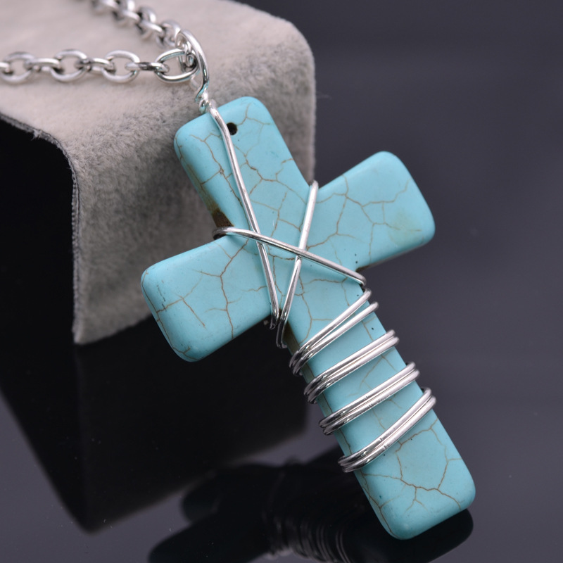 长款毛衣链 绿松石十字架项链批发