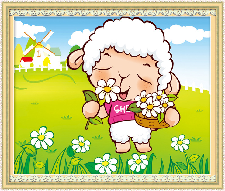 梦乡家居彩印3d十字绣批发生产厂家 5d十字绣 快乐的小羊 非成品