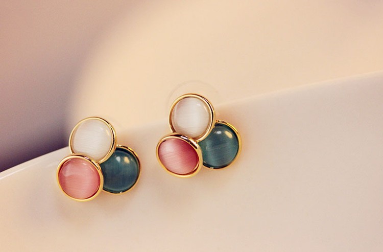 超可爱三色猫眼石拼接圆形几何百搭耳钉耳环耳饰