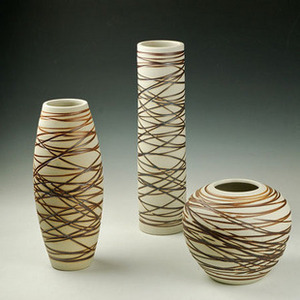 欧式田园现代家居客厅装饰品花瓶摆件 陶艺陶瓷线条三件套工艺品