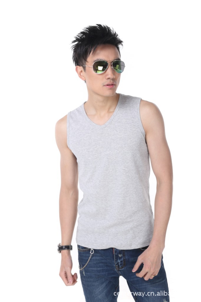 供应男式鸡心领无袖t恤 韩版潮流男士夏季纯色纯棉v领打底无袖衫