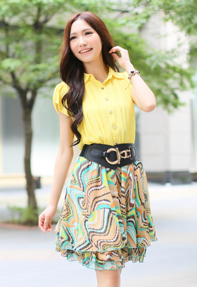 2013夏季新款女式短袖送腰带有扣子a型裙摆夏日淑女连衣裙130131