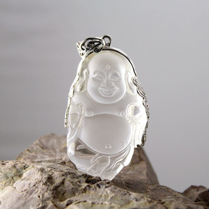 s925纯银包边 65*33mm白水晶弥勒佛大吊坠 毛衣链项链吊坠 项坠