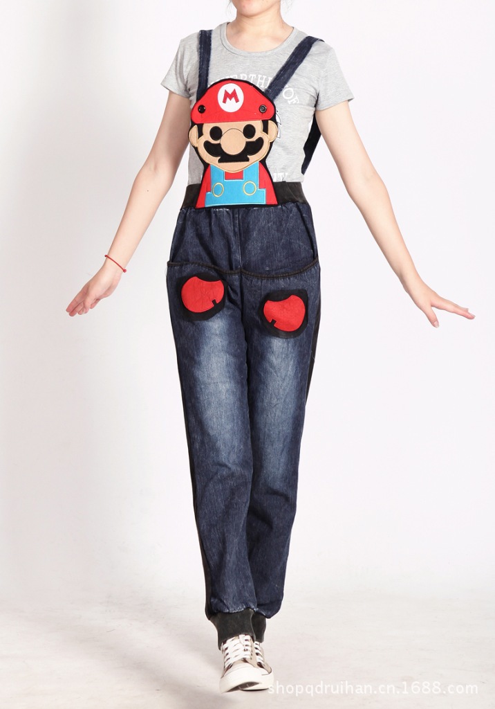 青岛芮菡外贸超级玛丽阿狸可爱卡通系列牛仔拼接背带裤批发0199