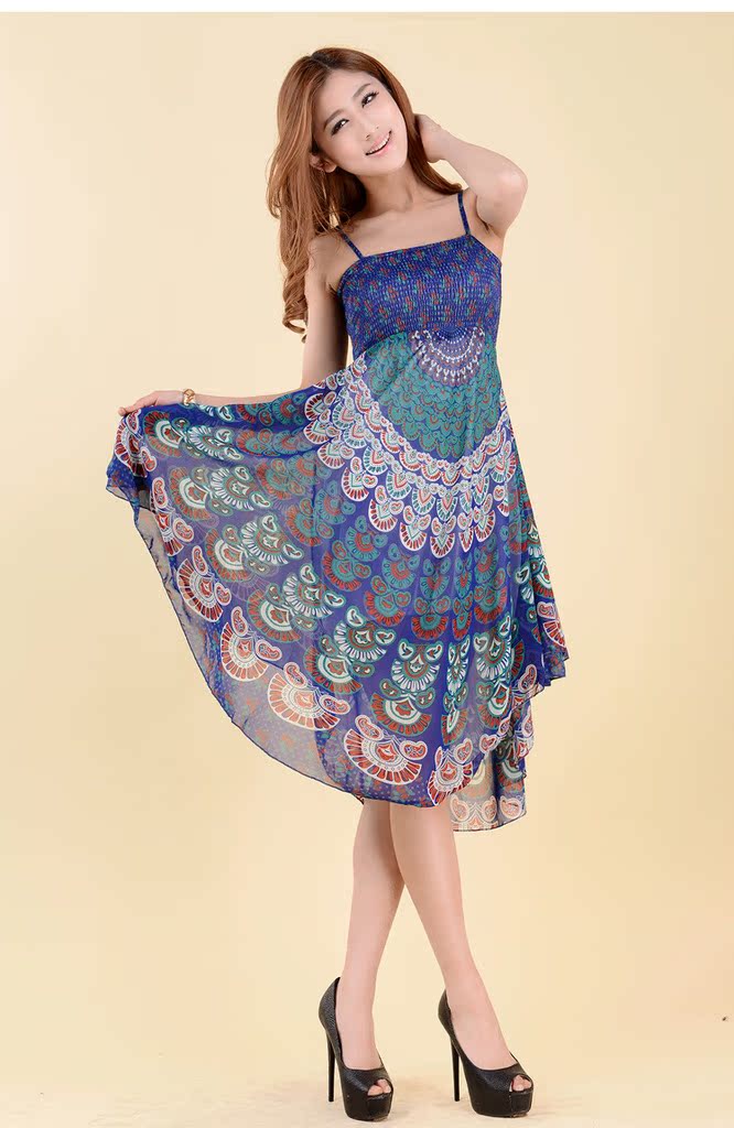 波西米亚韩国丝雪纺连衣裙孔雀印花大摆裙不规则裙摆长裙厂家直销