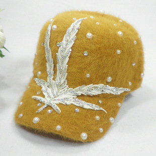 秋冬新款韩国帽子镶钻树枝兔毛棒球帽珍珠女兔毛鸭舌帽毛线帽