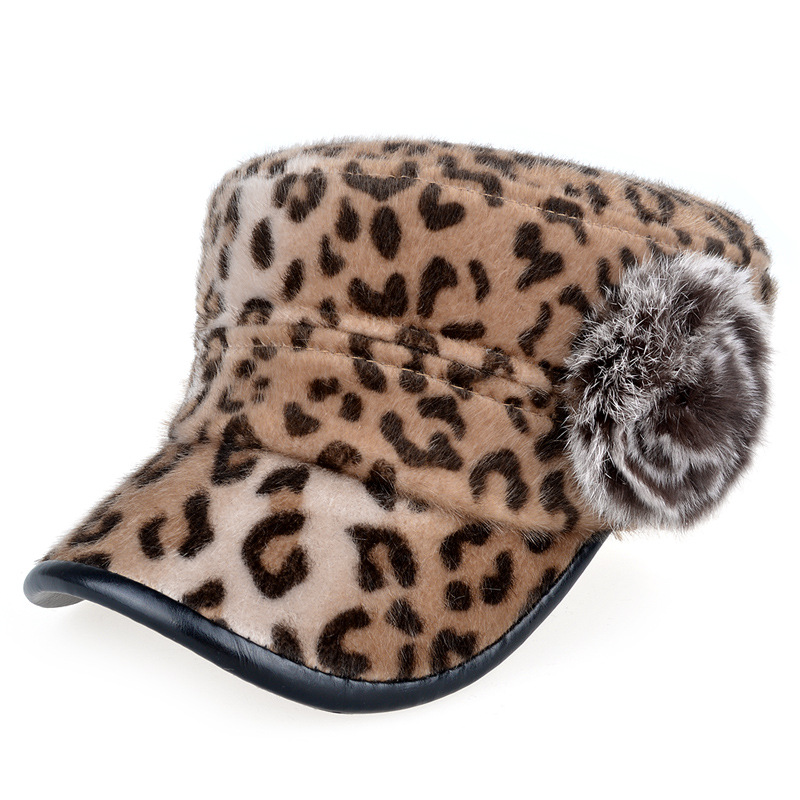 韩版可爱真兔毛球平顶帽军帽子 时尚豹纹皮檐秋冬保暖帽 dg0828