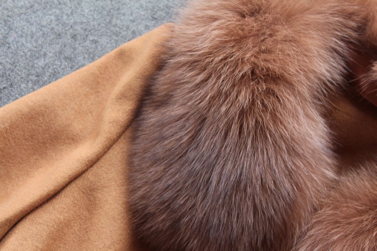 外贸欧美女装店原单尾货批发欧洲站 羊绒拼兔毛领大摆外套 领可拆