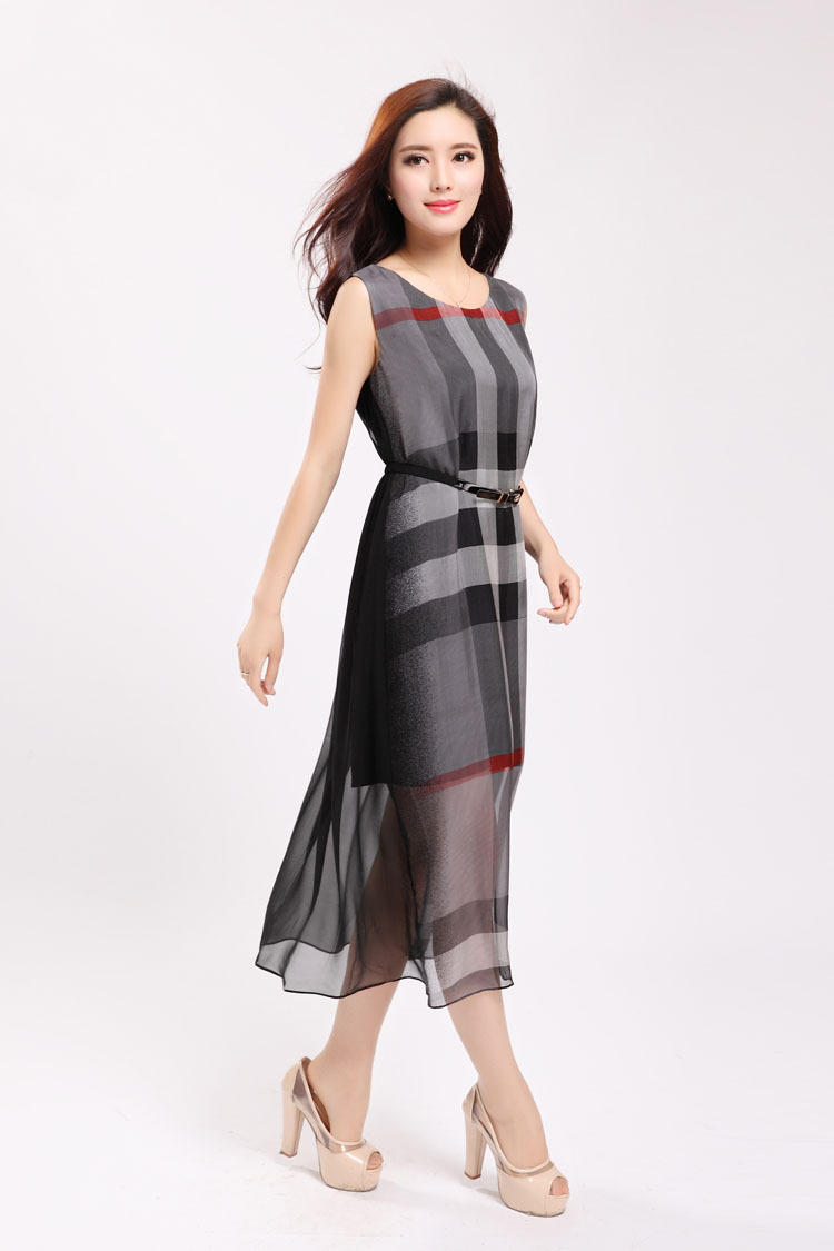 浙江杭州丝艺妮2014夏装新款女 真丝长裙桑蚕丝显瘦大方格连衣裙详情
