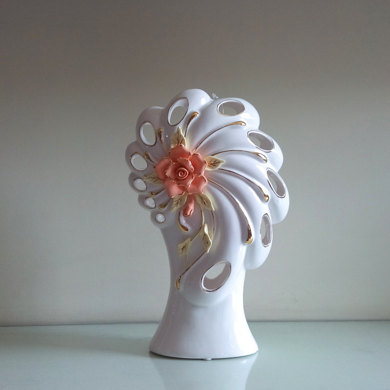 陶瓷工艺品 高档描金捏花镂空陶瓷花瓶摆件 欧式风格软装 hm-2022