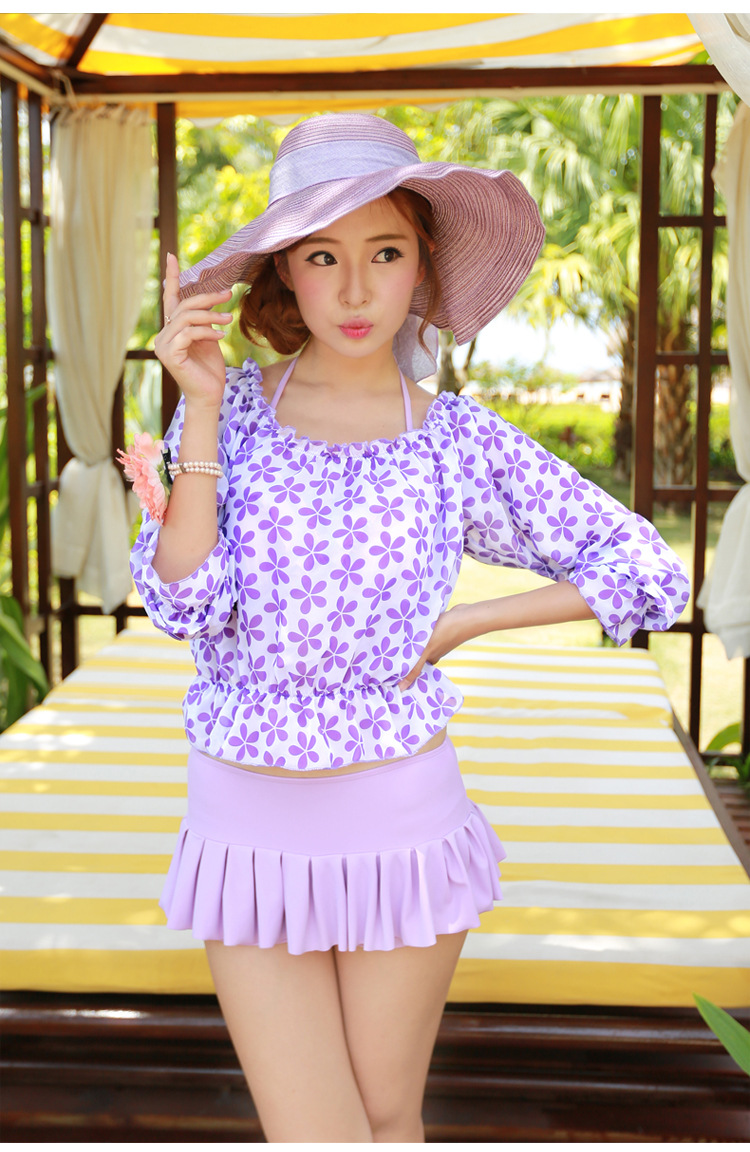 柏路威夏季新款雪纺裙式比基尼三件套比基尼游泳衣女小胸钢托聚拢