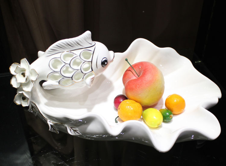 现代风格金鱼白瓷描金水果盘 创意家居陶瓷摆件 高档工艺品