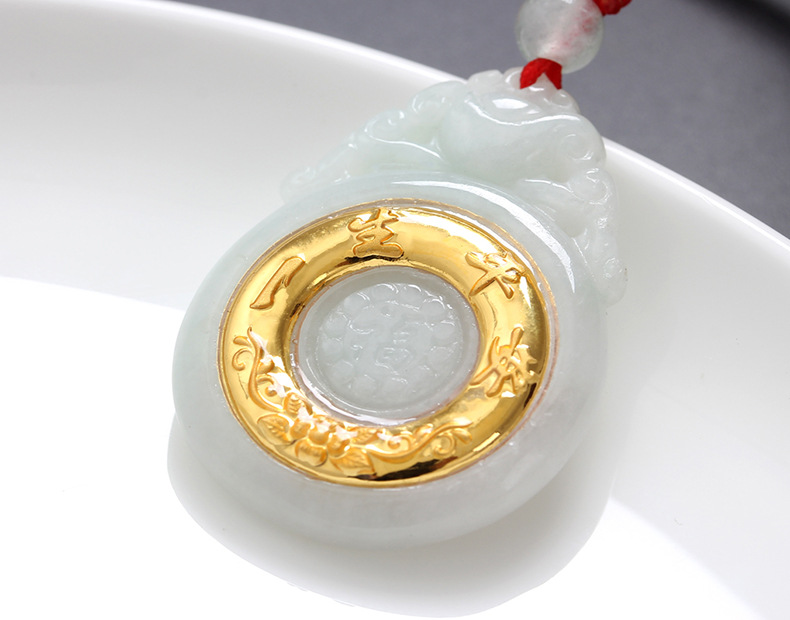 翡翠a货 千足金 平安扣 翡翠吊坠 金镶玉平安扣挂件jxy030