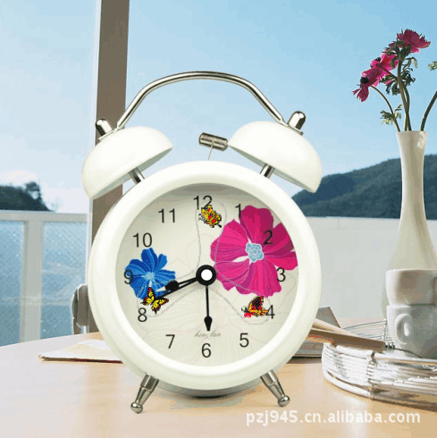 蝴蝶飞飞田园 静音扫描金属打铃闹钟 带夜光 儿童座钟懒人闹钟