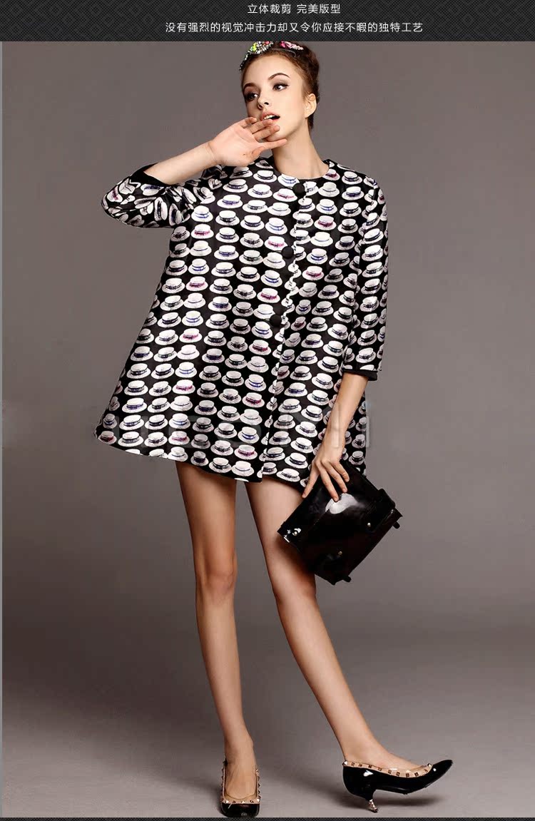 欧洲站2014秋季新款品牌女装miuco缪可礼帽印花款式风衣外套女