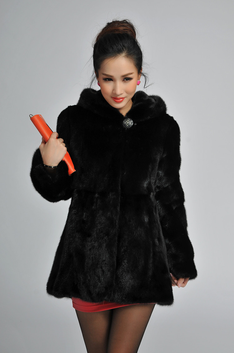 貂皮大衣女款整貂带帽水貂皮草外套新款2014清仓特价黑色中长貂皮图片