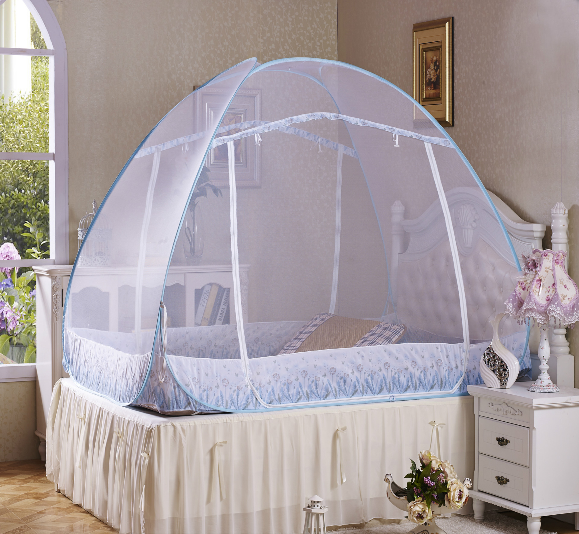 蒙古包蚊帐 免安装自动钢丝蚊帐 魔术蚊帐无底拉链宿舍学生