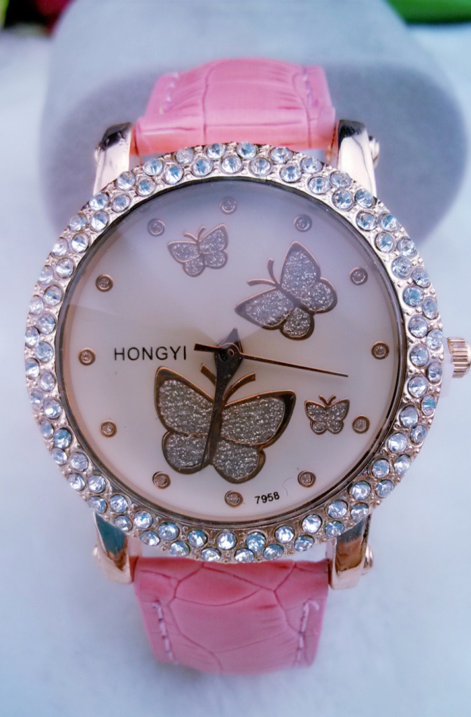 a蝴蝶镶钻表盘女士皮带石英指针手表,女表 厂家直销#9