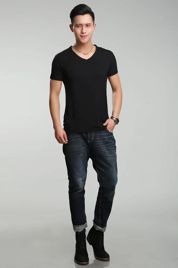 2014夏季新款莫代尔纯色修身v领短袖t恤半袖打底衫 时尚休闲男装