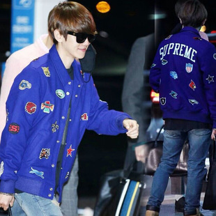 秋冬新款exo边伯贤蓝色同款supreme特种绣花夹克棉衣加厚保暖外套