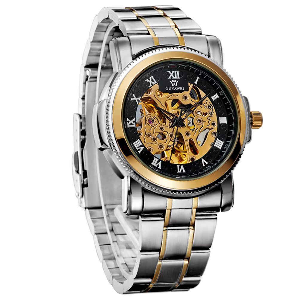 ouyawei欧亚威自动手表钢带防水运动手表男士镂空机械手