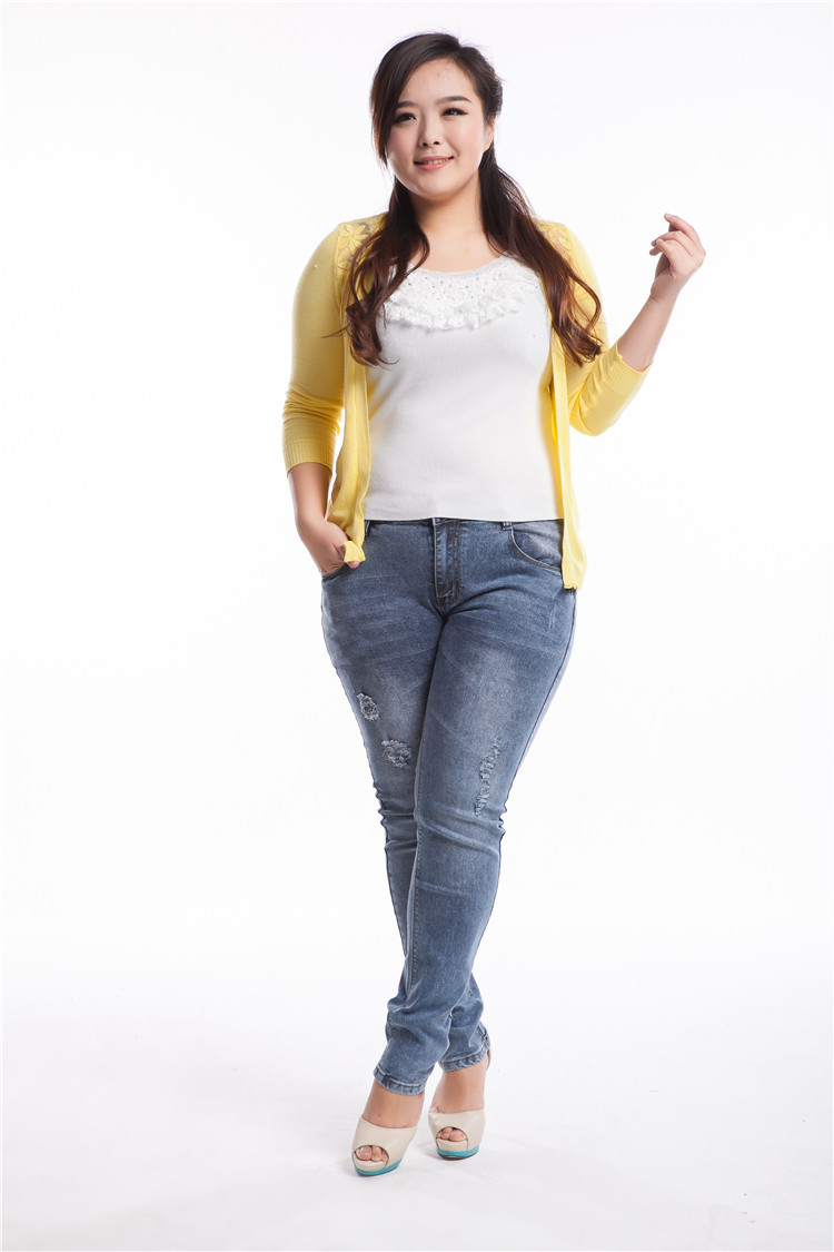 欧美胖mm大码女装品牌商磨破弹力浅色舒适牛仔裤女式铅笔裤小脚裤