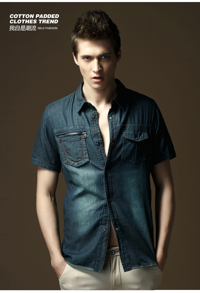 牛仔衬衫 男 牛仔上衣 薄款短袖衬衫2014男装修身半袖衣服