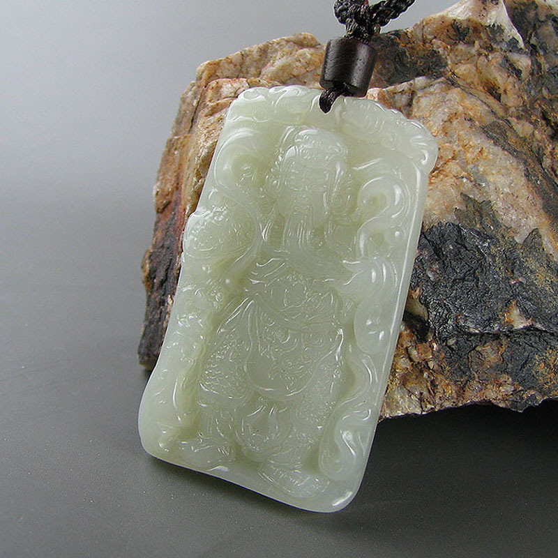 玉协 天然和田玉关公武财神玉牌吊坠 男款挂件玉佩