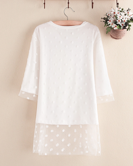 2014新款韩版基础色小鹿印花圆点纱网罩衫宽松短袖t恤 女