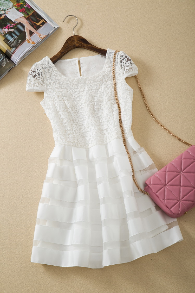 2014外贸原单欧根纱蕾丝收腰显瘦连衣裙