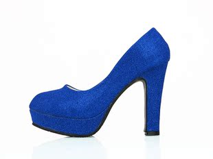 新款蓝色新娘鞋高跟粗跟蓝色婚鞋蓝色上轿鞋敬酒鞋女士单鞋蓝女鞋