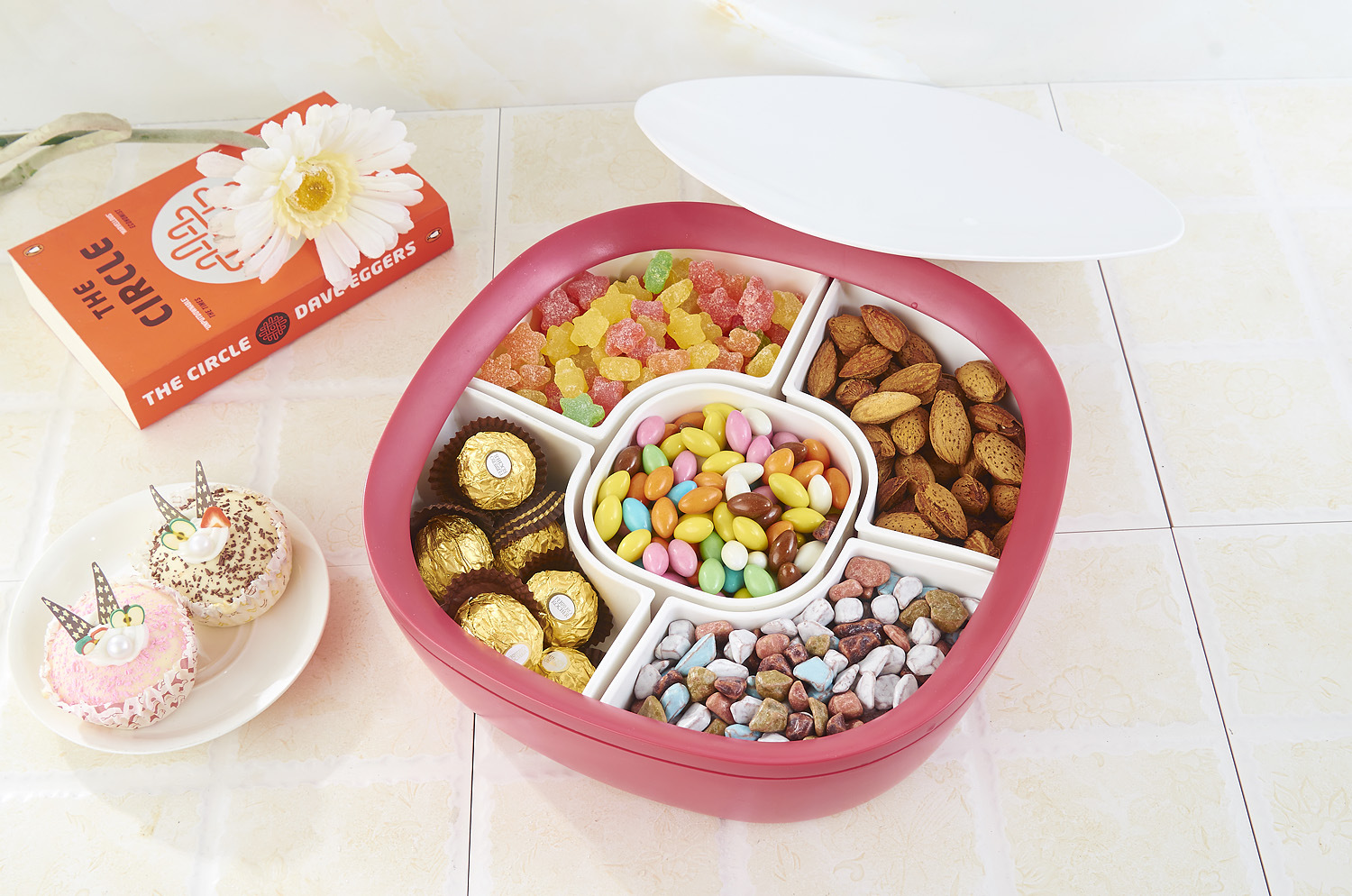 彩色创意 二合一果盘 干果盘分格 糖果盘干果盘 塑料分格果盘