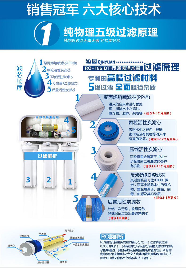 沁园家用反渗透净水器厂家批发 ro-185dt五级过滤净水器正品
