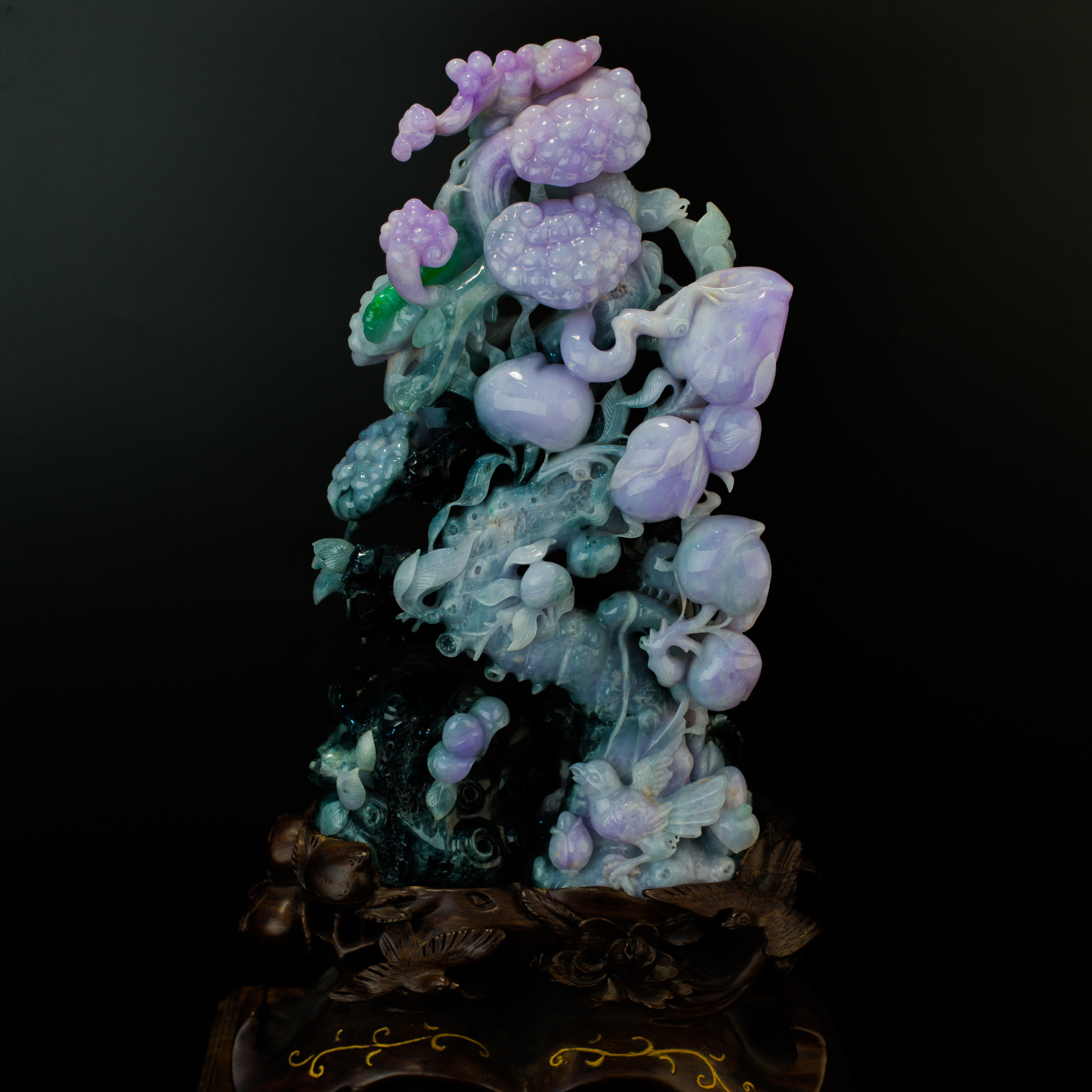 缅甸玉天然翡翠a货 冰种五彩花鸟翡翠摆件 福寿如意 可出证书