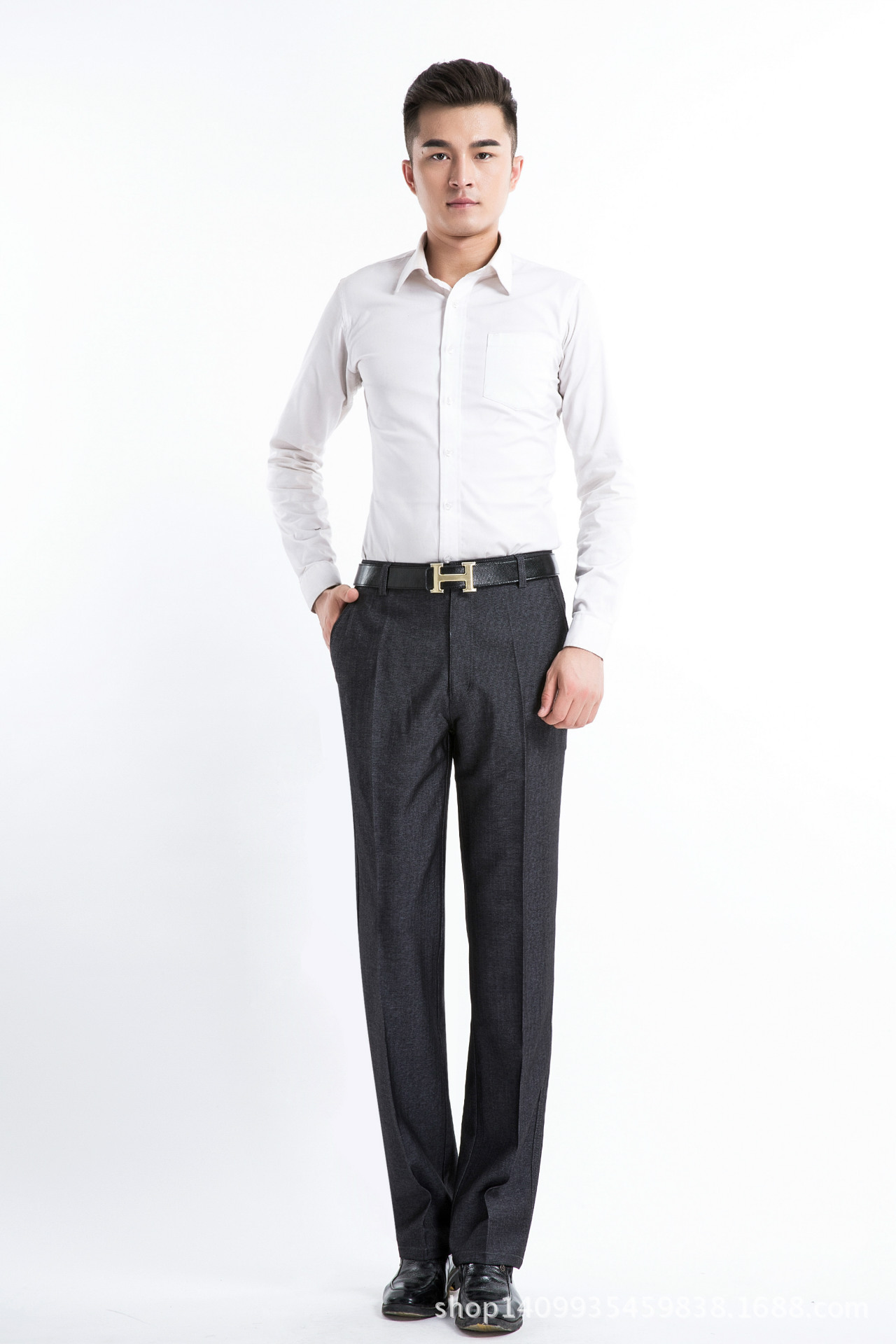 新款中老年装男式西裤大码加肥加大特大休闲免烫抗皱直筒西裤黑色