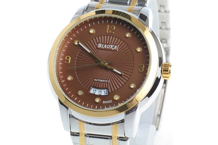 标卡品牌 间金版 油压立体钻面钢带防水日历 自动机械表 男士手表