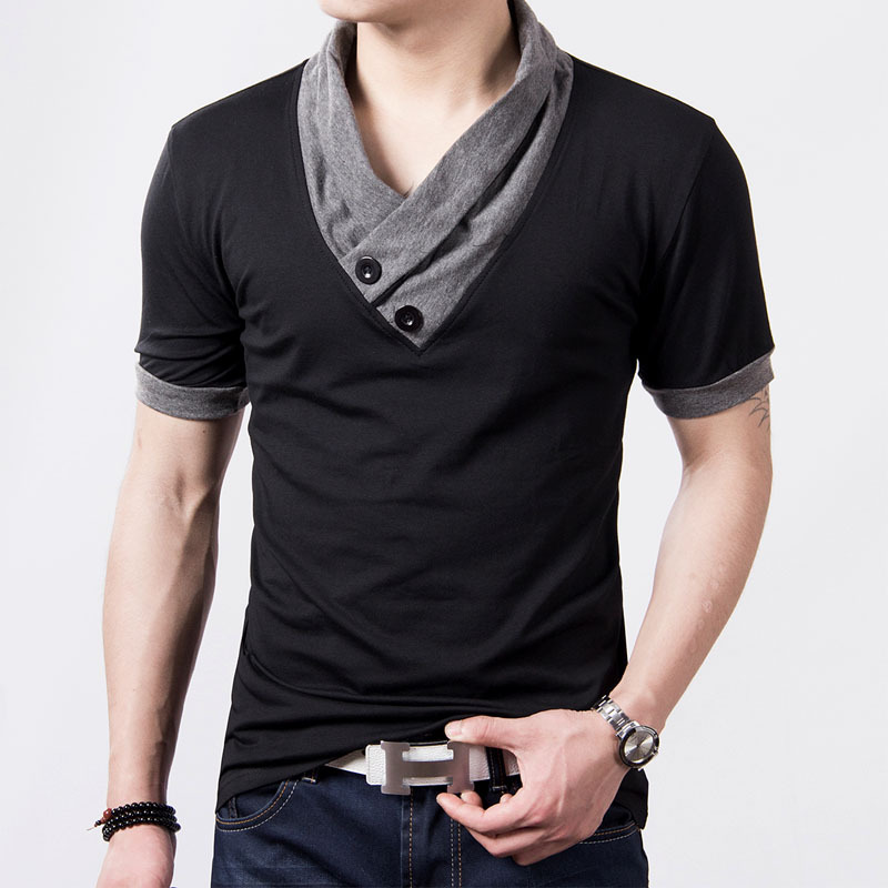 New Fashion Casual Slim fit Solid color V-Neck Short-sleeved men's T ...