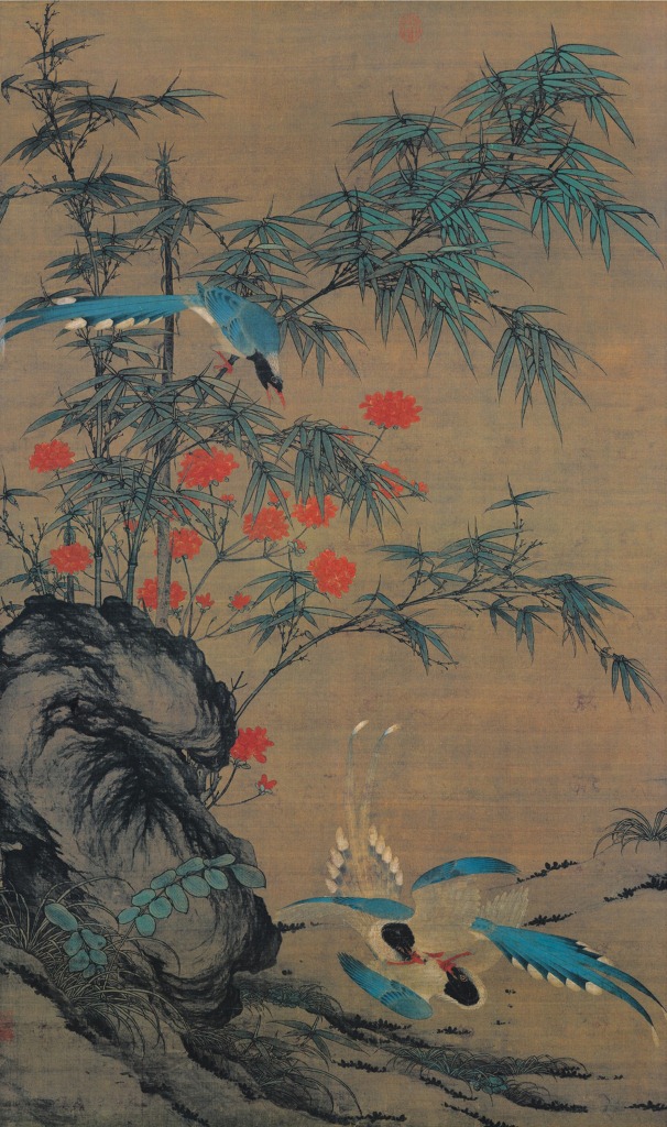 《双喜图》高仿字画宋崔白花鸟丝绸装裱仿古工笔卷轴书法中国画