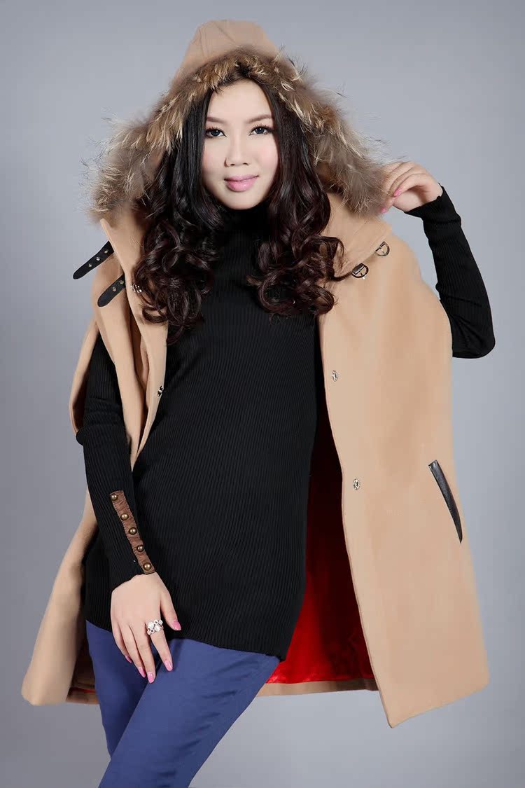 2014秋冬韩国时尚品牌女装宽松大码斗篷外套 中长款呢子大衣风衣