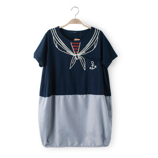 春夏新款女装4793日系精致印花海军服海猫条纹圆领宽松短袖t恤